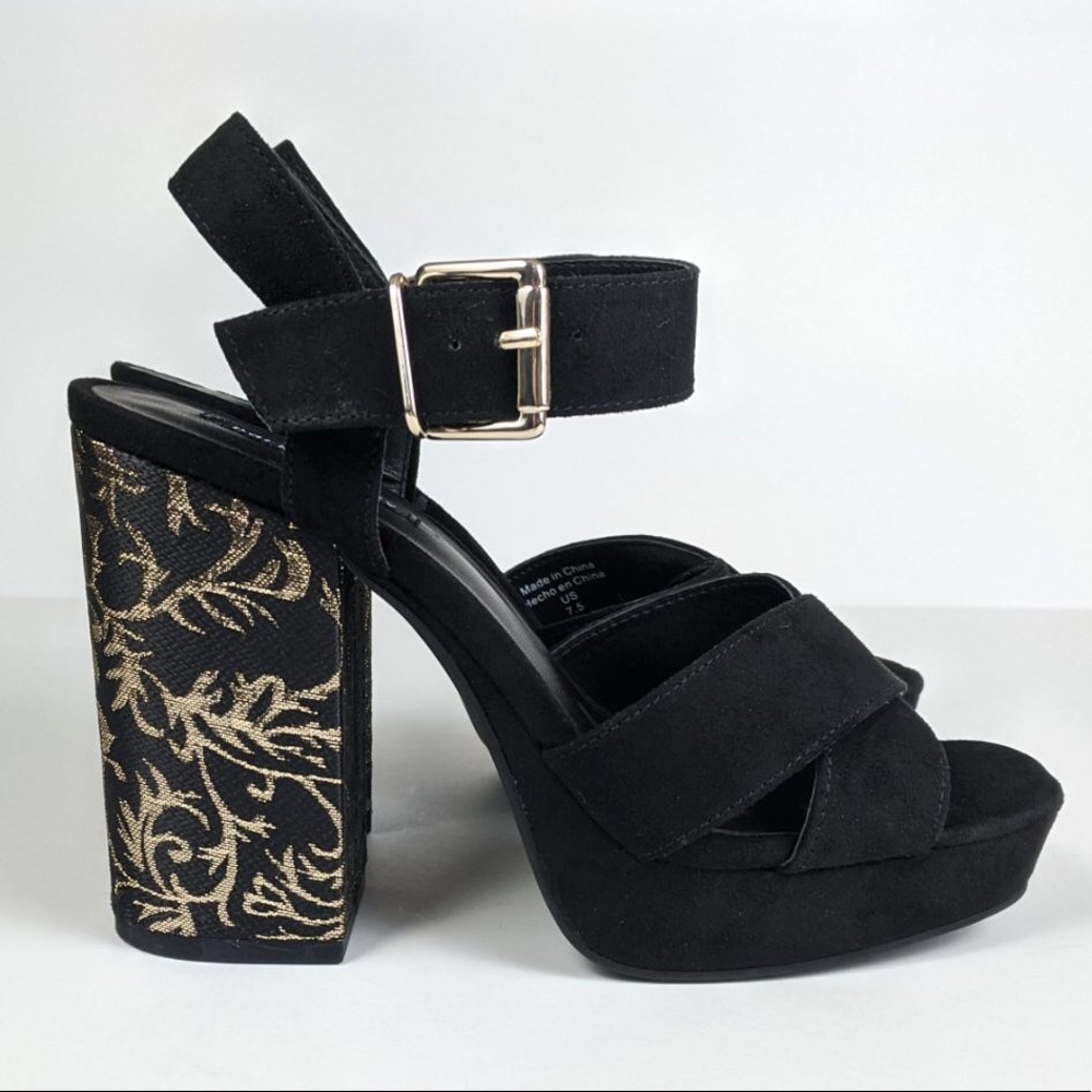 Parker & Sky Black and Gold Embroidered Heel